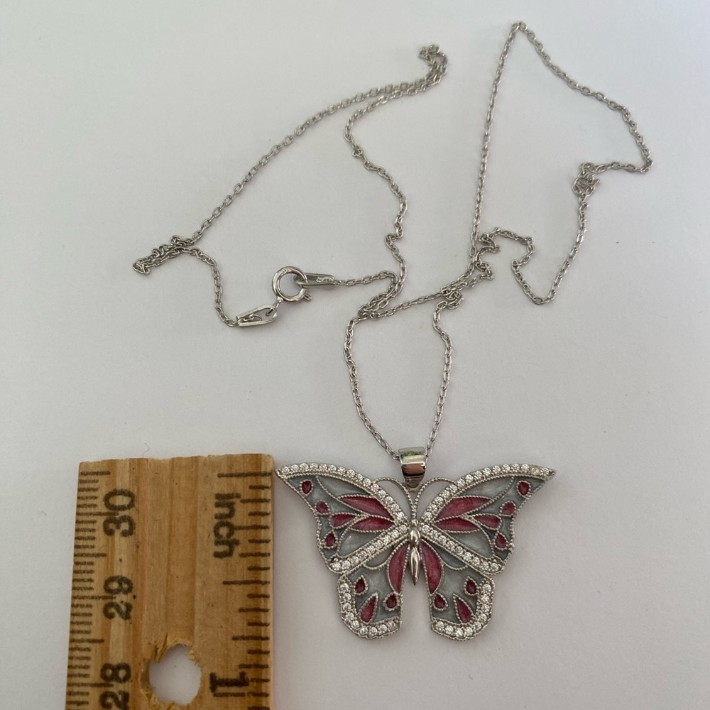 925 Silver butterfly necklace pink handmade white enamel and cz stones